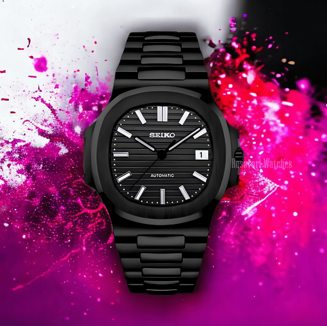 Nautilus (All Black) Seiko NH35 automatic mod watch. A full watch shot features a black dial and black bezel with a black metal bracelet against a pink background.