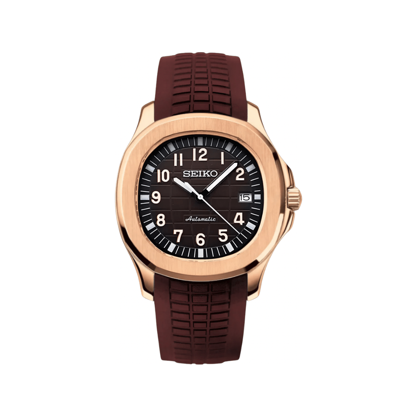 Aquanaut (Rose Cocoa) Seiko NH35 automatic mod watch. A chocolate dial watch with a smooth bezel and a rubber strap, shown in a full product shot.