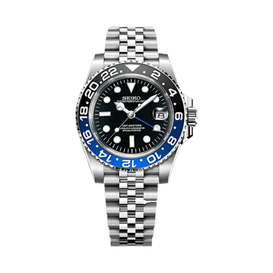 Rosevari Batman GMT Seiko mod watch with a blue and black 24 hour bezel on a steel bracelet