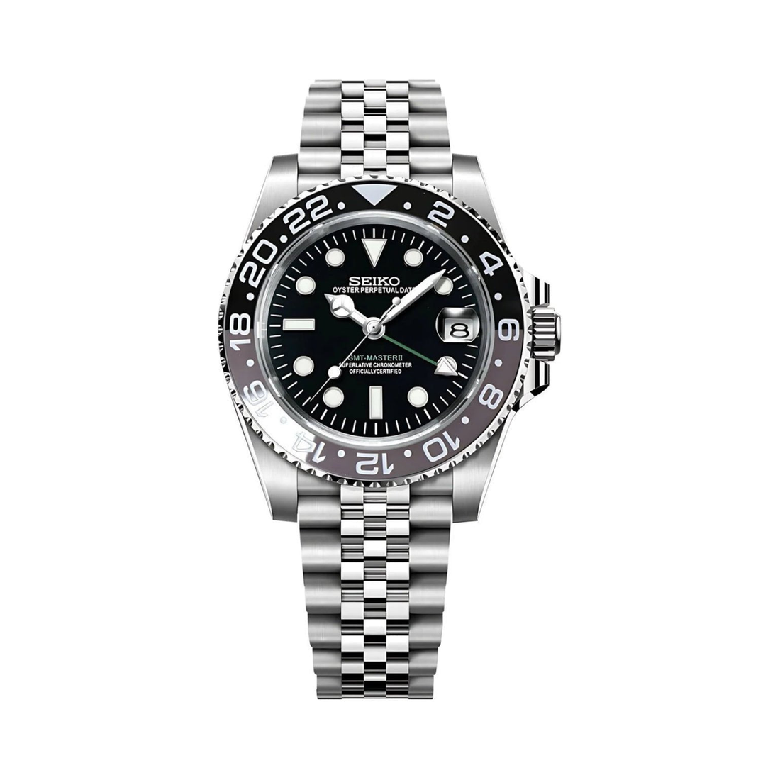 Rosevari GMT Bruce Wayne Seiko mod watch with grey and black 24-hour bezel on a steel bracelet