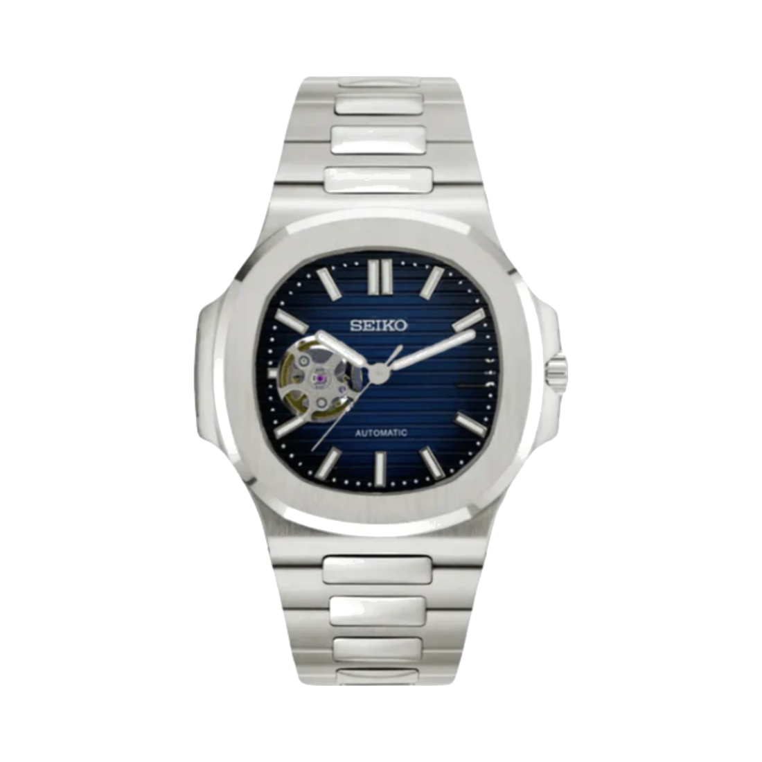 Seiko Nautilus mod with royal blue grooved dial and open heart aperture showing the NH38 automatic movement