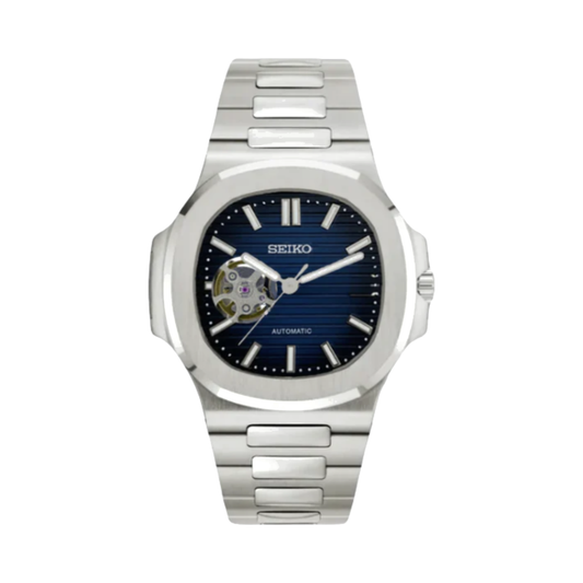 Seiko Nautilus mod with royal blue grooved dial and open heart aperture showing the NH38 automatic movement