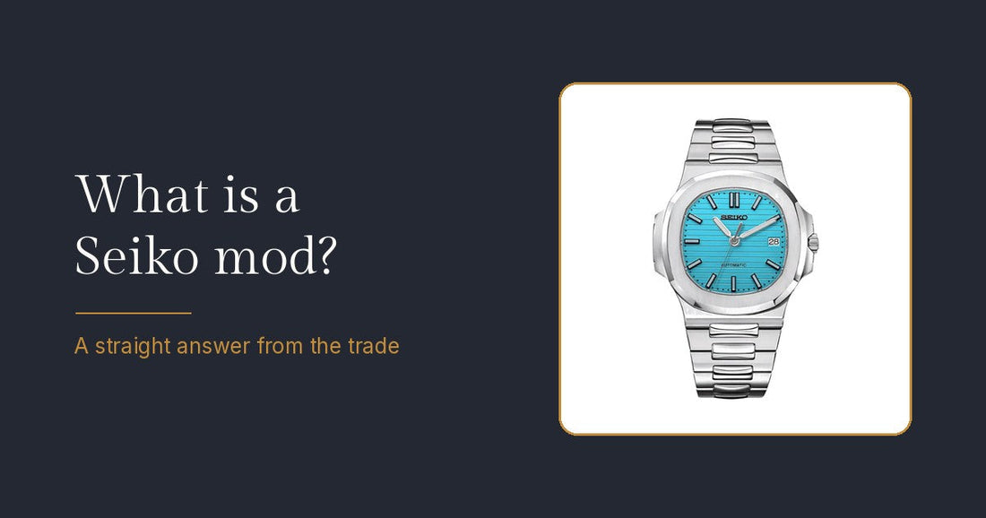 Navy banner asking What is a Seiko mod, with a Rosevari Nautilus mod in a gold-bordered card
