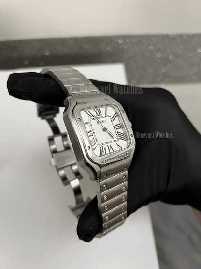Santos (White) Seiko NH35 automatic mod watch. A white dial watch with a silver bezel and metal link bracelet held in a gloved hand showing the clasp.