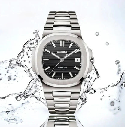 Nautilus (Silver Black) Seiko NH35 automatic mod watch. A full watch shot features a black dial with a silver bezel and a silver metal bracelet over water.