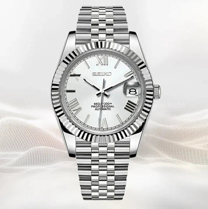 Datejust (White Roman) Seiko NH35 automatic mod watch. A silver dial watch with a fluted bezel and a metal link bracelet shown in a full front view.