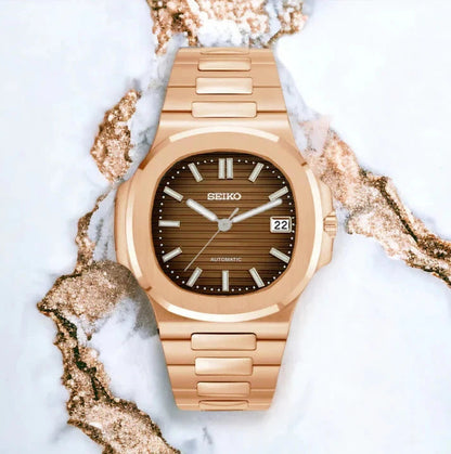 Nautilus (Rose Gold, Chocolate) Seiko NH35 automatic mod watch. A rose gold watch with a brown horizontal striped dial and a metal link bracelet shown in a full product shot.