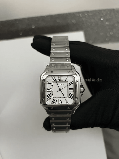 Santos (White) Seiko NH35 automatic mod watch. A white dial watch with a silver bezel and metal link bracelet held in a gloved hand in a front view.