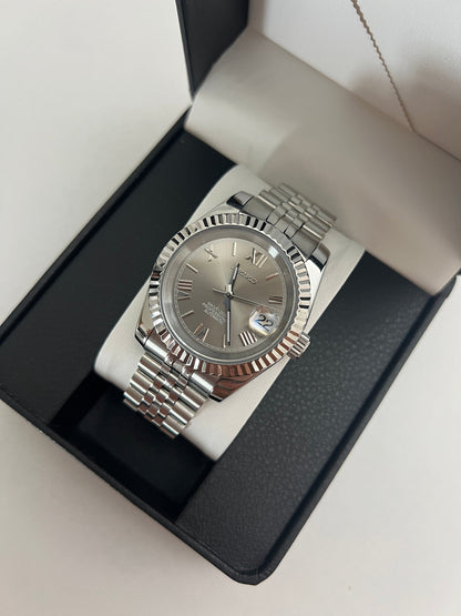 Datejust (Grey Roman) Seiko NH35 automatic mod watch. A grey dial watch with a silver fluted bezel and a metal jubilee bracelet inside an open watch box.