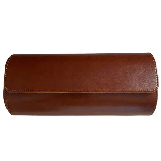 3 Piece - Watch Travel Case (Brown). A closed brown leather watch roll case is shown in a studio shot.