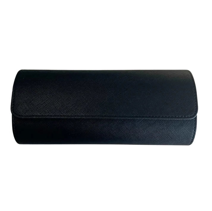 3 Piece - Watch Travel Case (Black). A closed black textured leather watch roll case is shown in a studio shot.