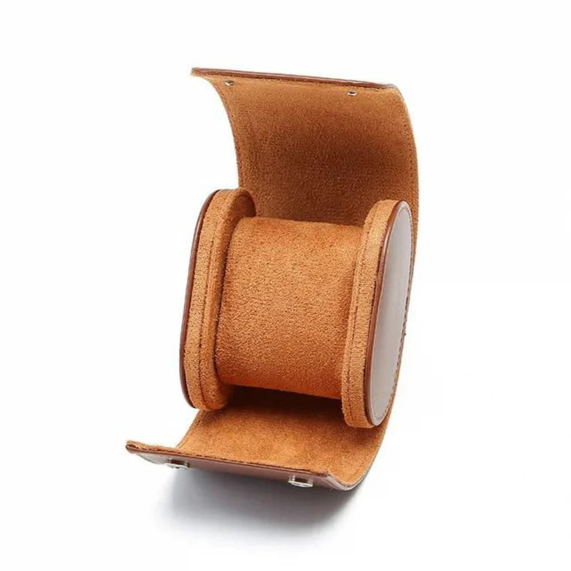 Watch Travel Case (Brown). A brown leather watch roll case is shown open with a central cushion in a studio shot.