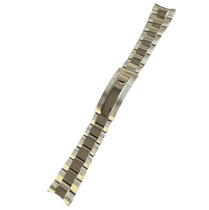 Oyster Bracelet. A high angle full shot of a silver metal watch bracelet with a polished center link and a folding clasp.