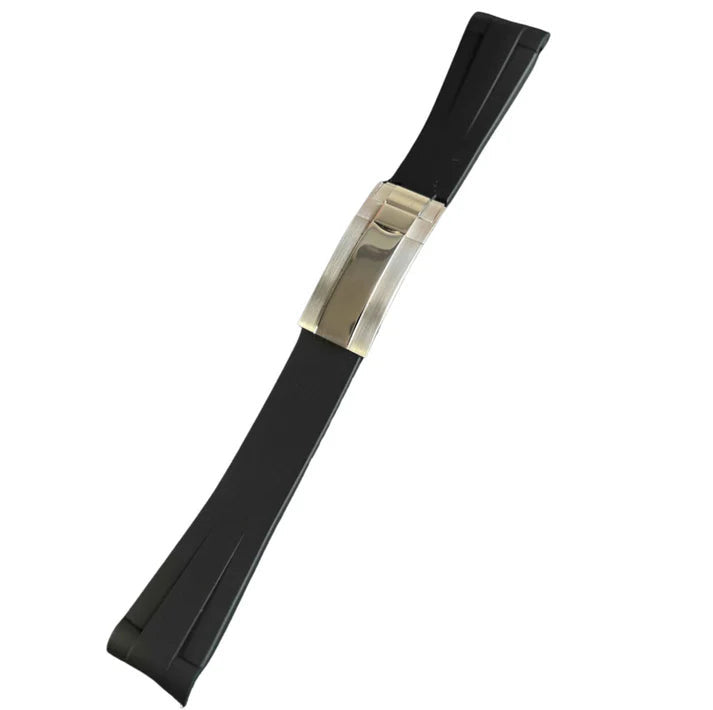 Oyster Flex Silicon Strap. A black rubber watch strap with a silver metal deployment clasp shown in a studio shot.