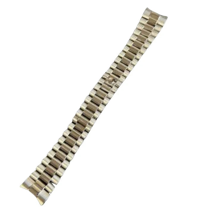 President Bracelet. A two tone metal watch bracelet with curved end links is shown in a full studio shot against a white background.