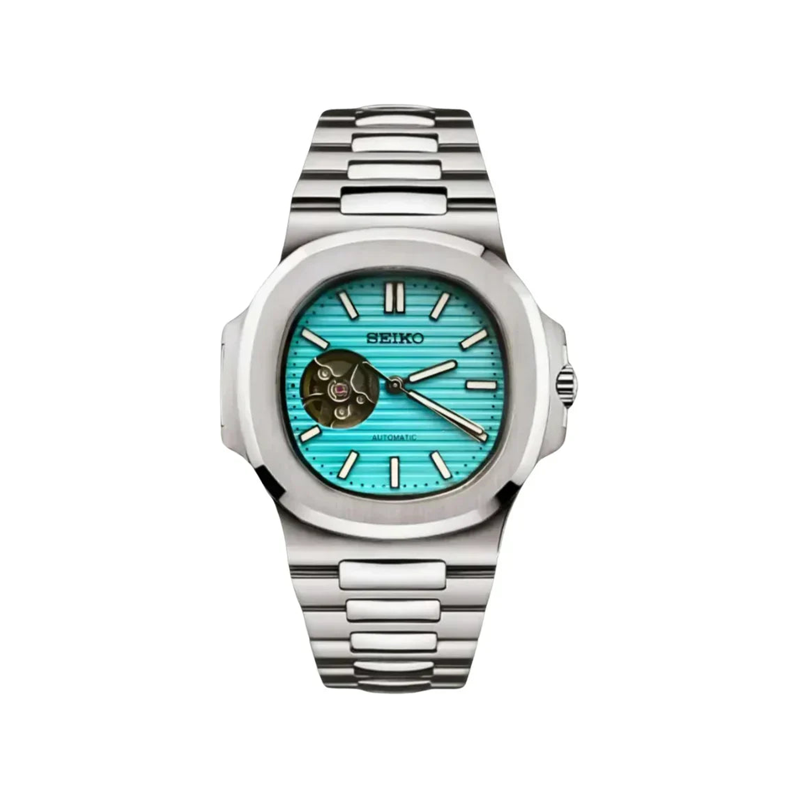 Nautilus (Open Heart Tiffany Blue) Seiko NH38 open-heart automatic mod watch. A turquoise dial watch with a octagonal bezel and a steel bracelet, shown in a full product shot.