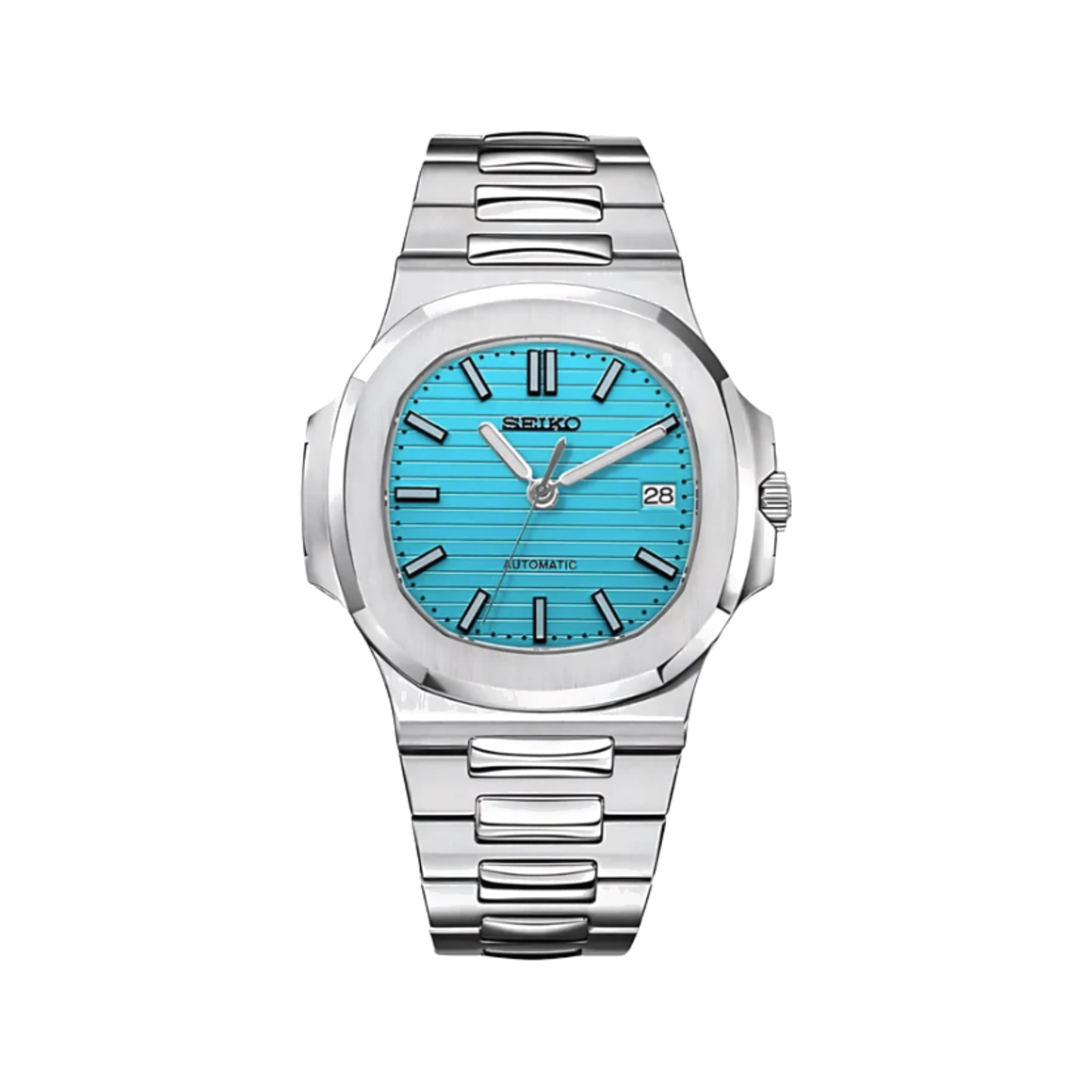 Nautilus (Tiffany Blue) Seiko NH35 automatic mod watch. A turquoise dial watch with a silver bezel and metal link bracelet shown in a full product shot.