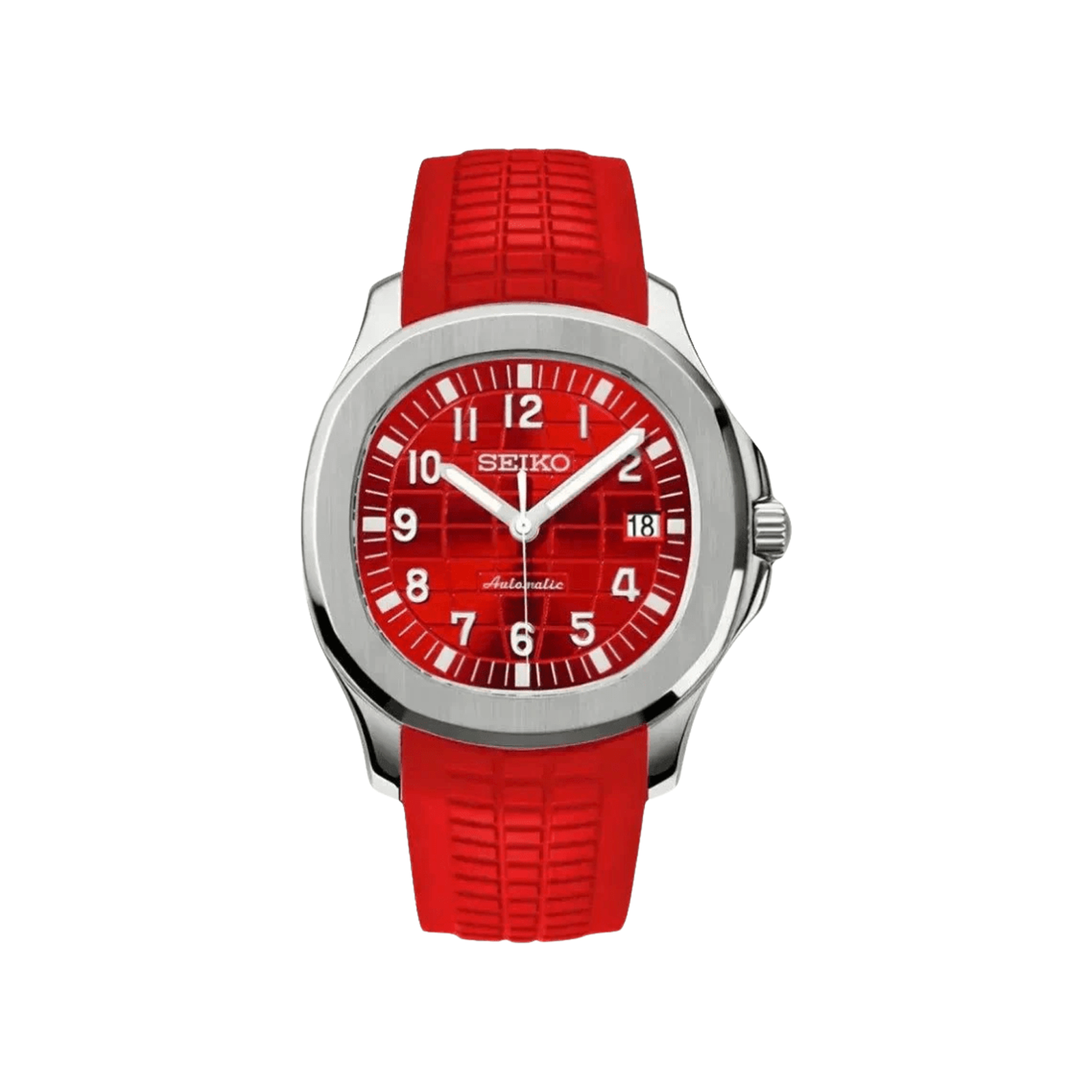 Aquanaut (Red) Seiko NH35 automatic mod watch. A red dial watch with a smooth bezel and a rubber strap, shown in a full product shot.