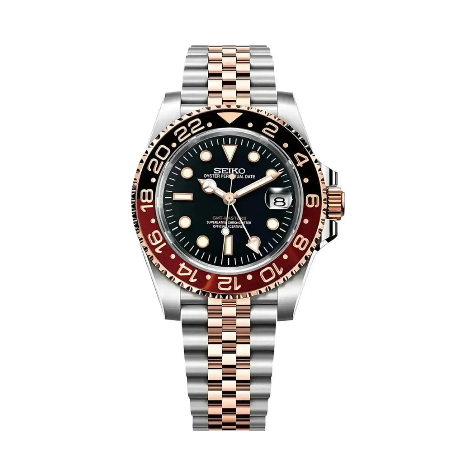 GMT (Rootbeer) Seiko NH34 GMT automatic mod watch. A black dial watch with a black and rose gold bezel on a two tone oyster bracelet shown in a full watch shot.