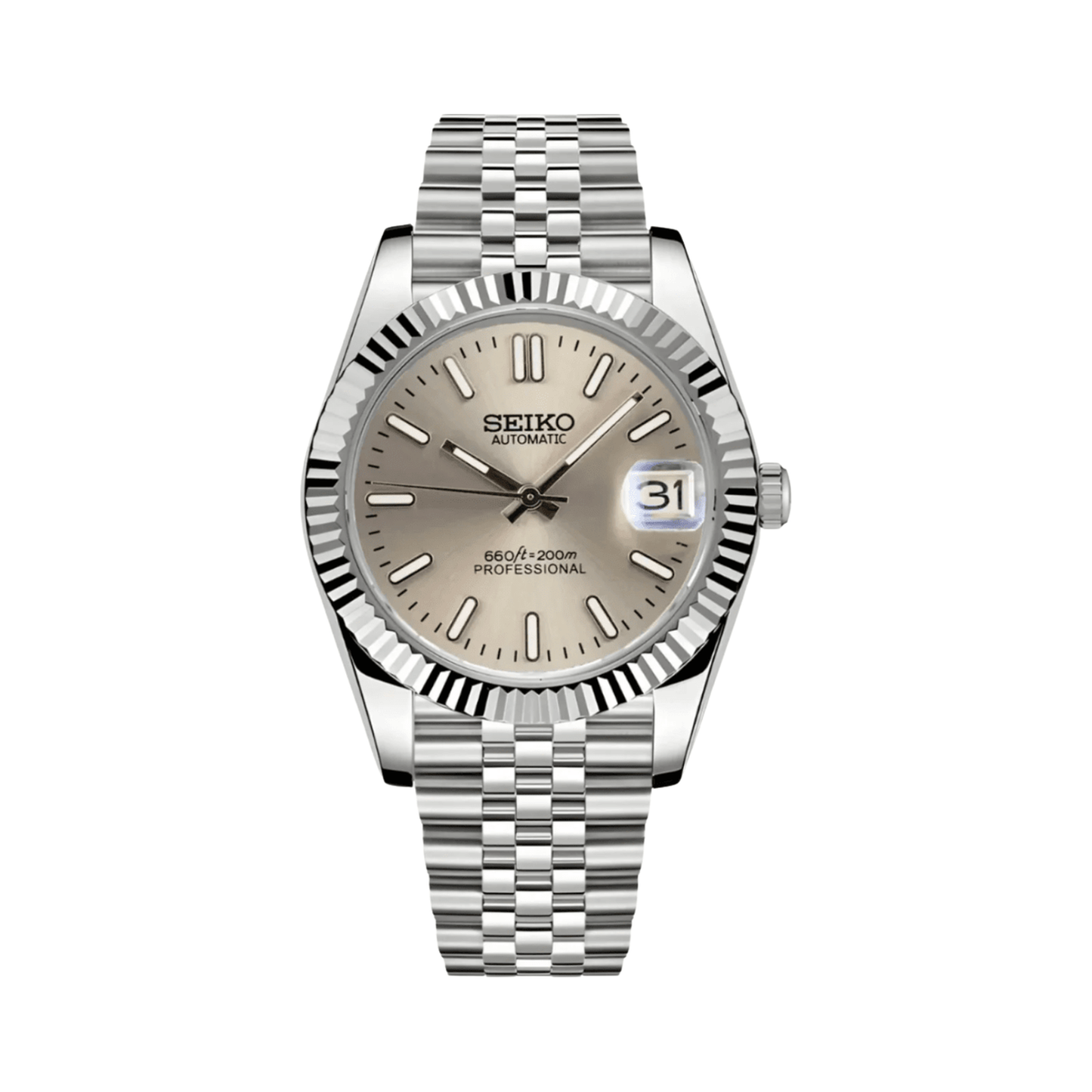 Datejust (Bronze) Seiko NH35 automatic mod watch. A champagne dial watch with a fluted bezel and a jubilee bracelet, shown in a full product shot.
