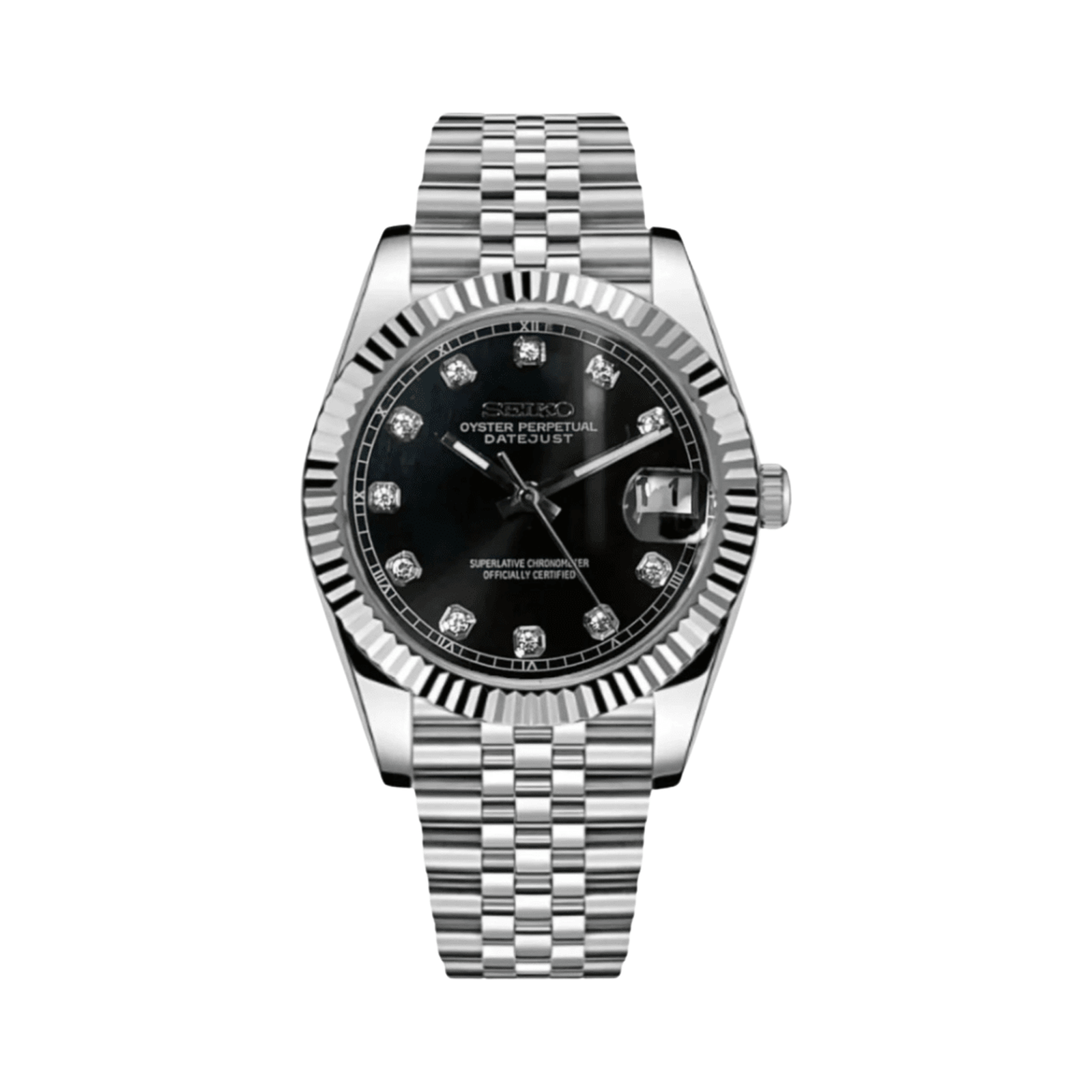 Datejust (Gem Black) Seiko NH35 automatic mod watch. A black dial watch with a fluted bezel and a jubilee bracelet, shown in a full product shot.