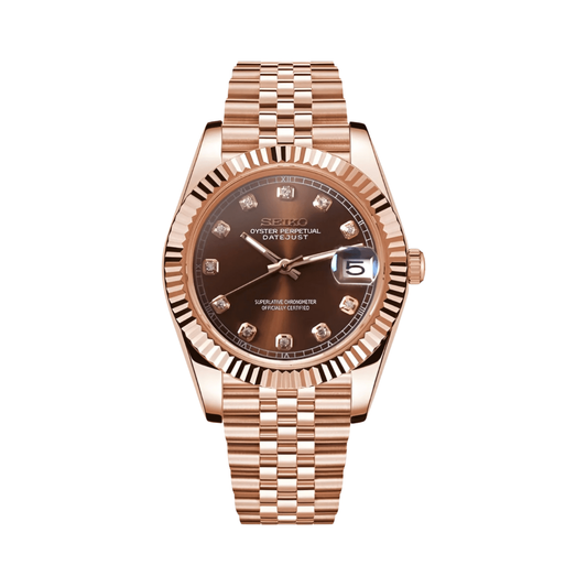 Datejust (Rose Gold Gem) Seiko NH35 automatic mod watch. A chocolate dial watch with a fluted bezel and a jubilee bracelet, shown in a full product shot.