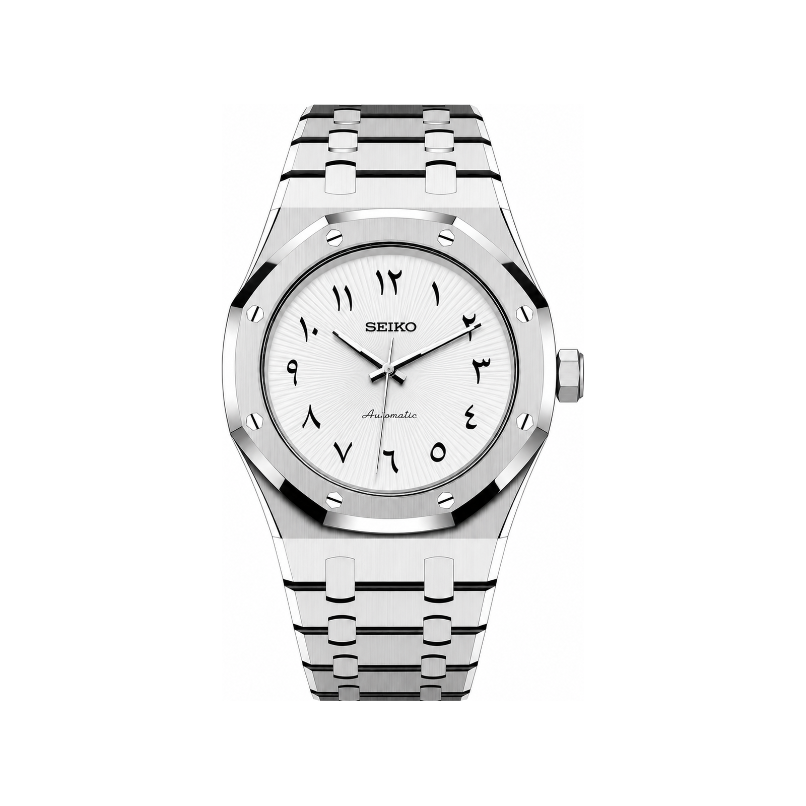 Royal Oak (Arabic White) Seiko NH35 automatic mod watch. A white dial watch with a octagonal bezel and a steel bracelet, shown in a full product shot.