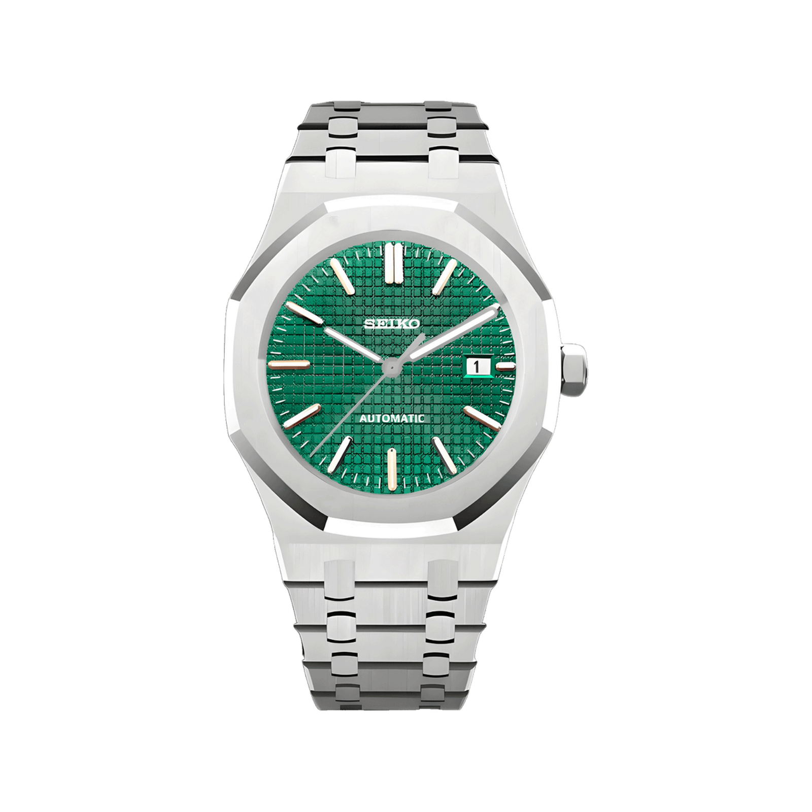 Royal Oak (Green) Seiko NH35 automatic mod watch. A green dial watch with a octagonal bezel and a steel bracelet, shown in a full product shot.