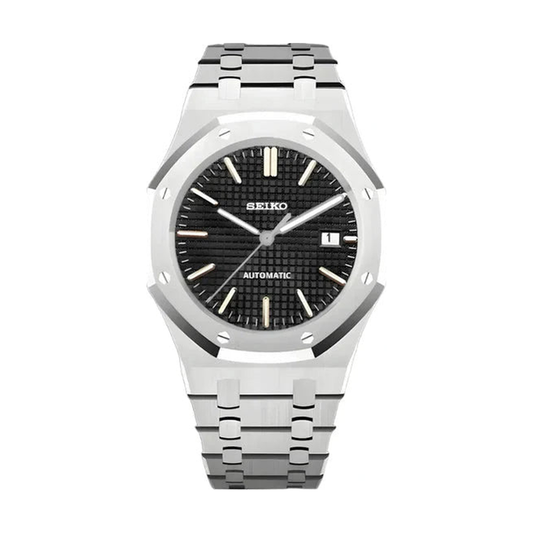 Royal Oak (Black) Seiko NH35 automatic mod watch. A black dial watch with a silver bezel and metal link bracelet shown in a full product shot.