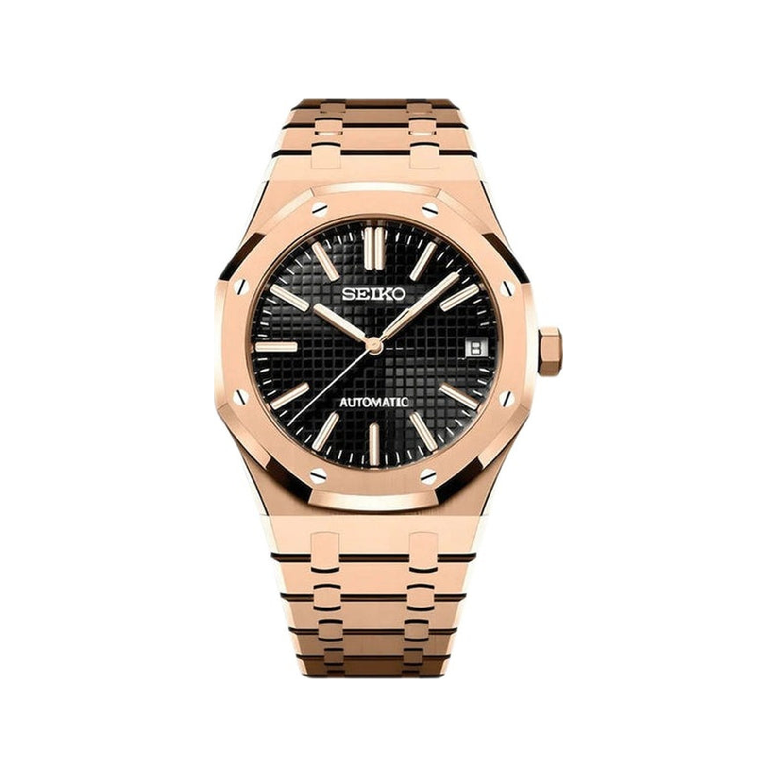 Royal Oak (Rose Gold) Seiko NH35 automatic mod watch. A black dial watch with a rose gold case and bracelet shown in a full product shot.