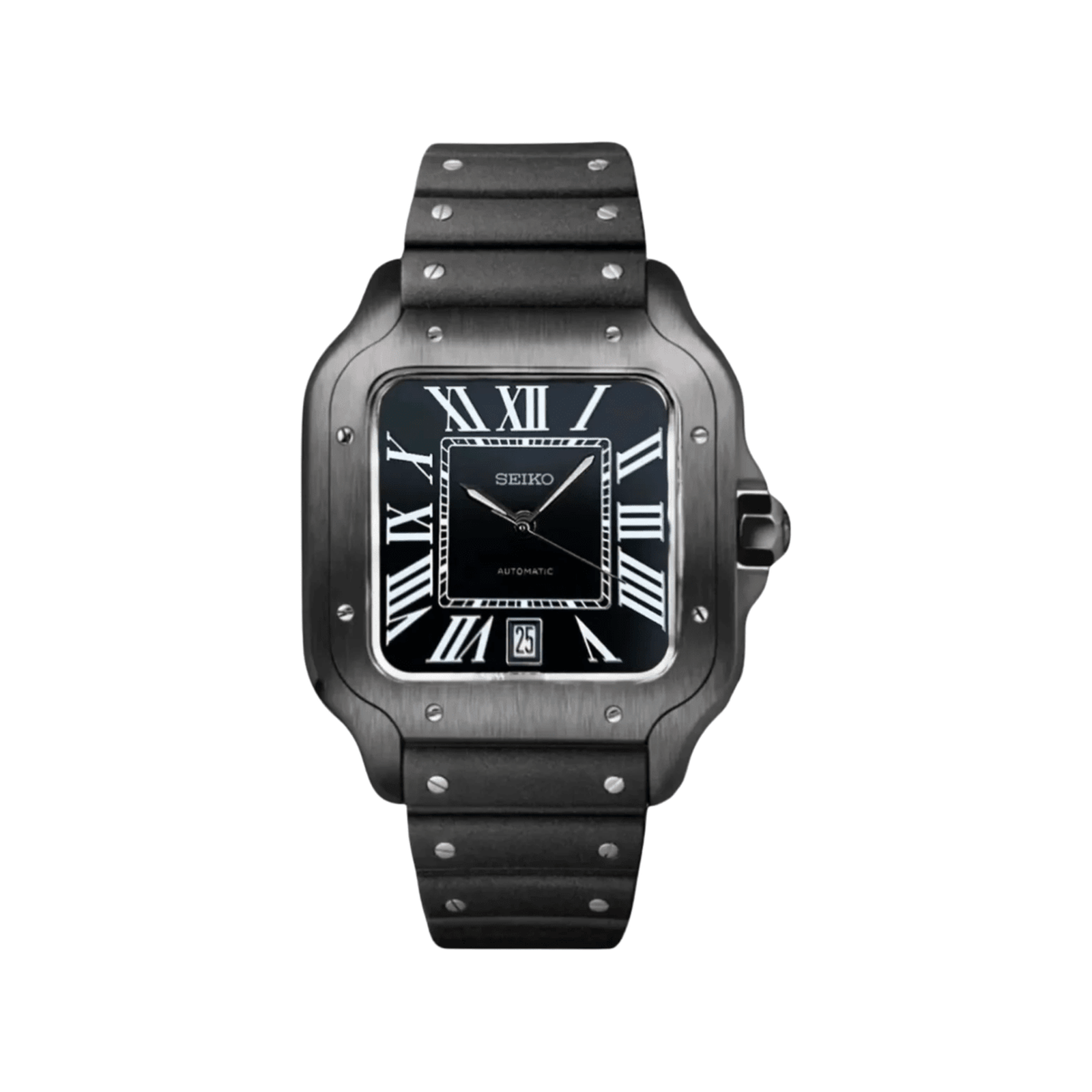 Santos (Black) Japanese automatic mod watch. A full watch shot showing a black dial with white Roman numerals, a black coated square case and a black rubber strap.
