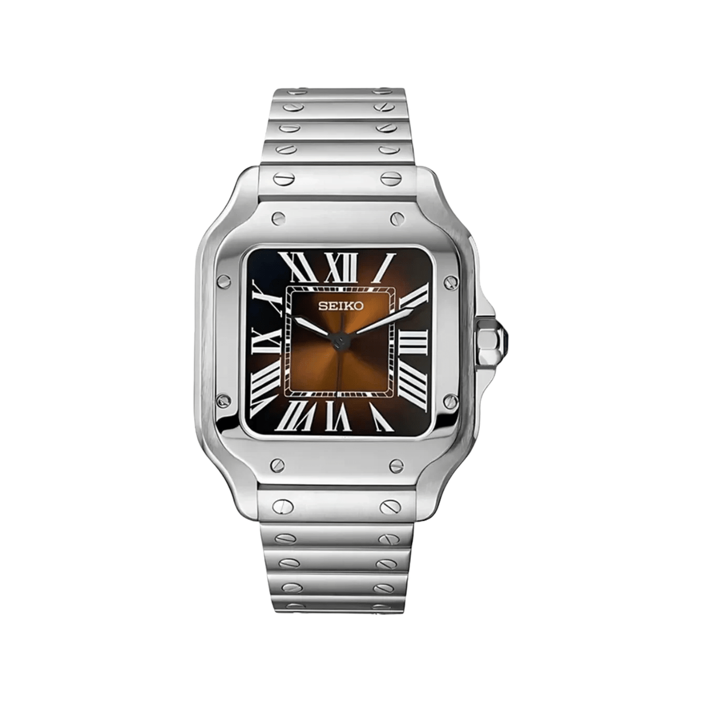 Santos (Bronze) Seiko NH35 automatic mod watch. A chocolate dial watch with a smooth bezel and a steel bracelet, shown in a full product shot.