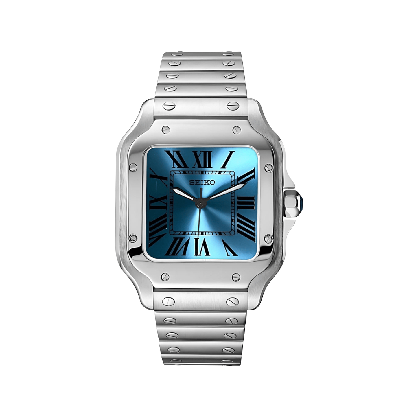 Santos (Ice Blue) Seiko NH35 automatic mod watch. A ice blue dial watch with a smooth bezel and a steel bracelet, shown in a full product shot.
