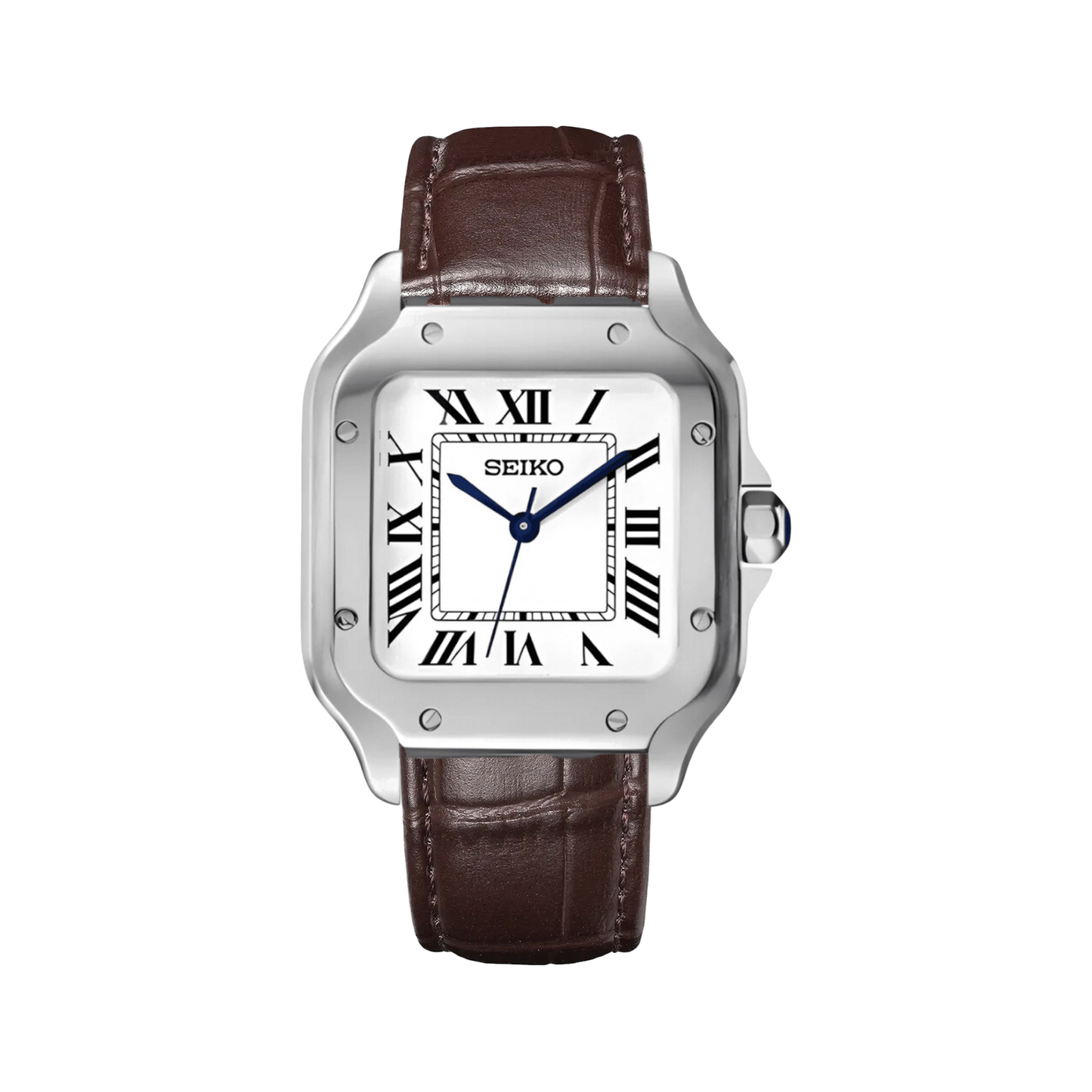 Santos (Leather Brown) Seiko NH35 automatic mod watch. A white dial watch with a smooth bezel and a leather strap, shown in a full product shot.