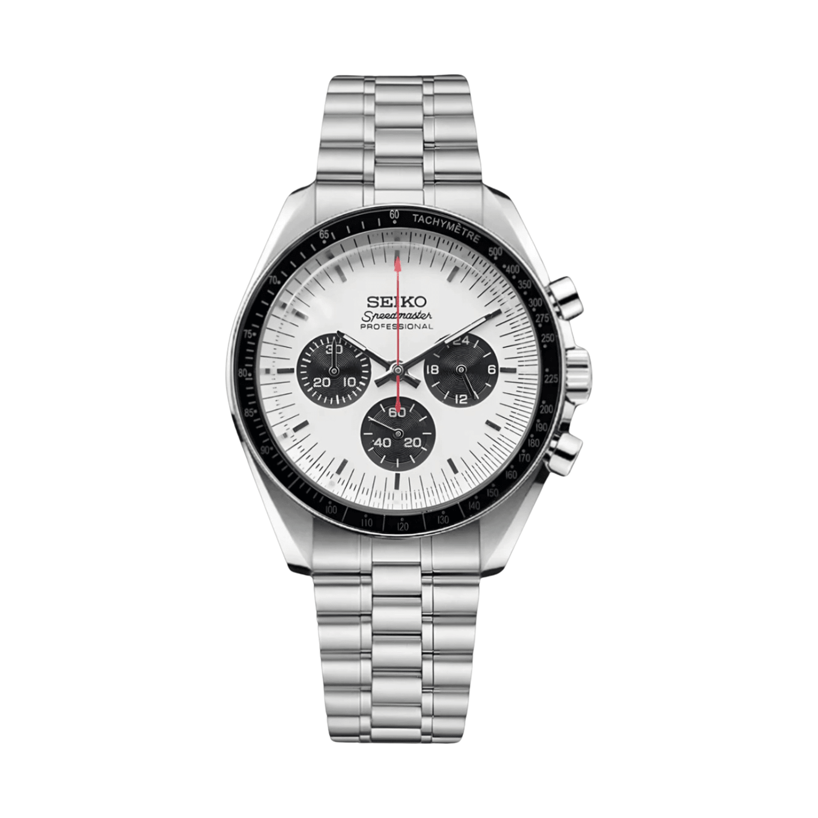 Speedmaster (White) Seiko VK63 meca-quartz chronograph mod watch. A white dial watch with a tachymeter bezel and a steel bracelet, shown in a full product shot.