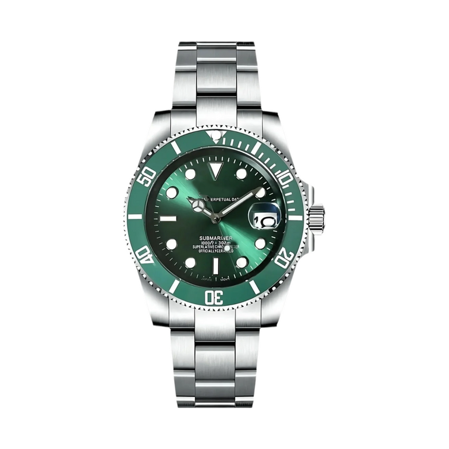 Submariner (Hulk) Seiko NH35 automatic mod watch. A green dial watch with a green bezel on a silver metal link bracelet shown in a full watch shot.