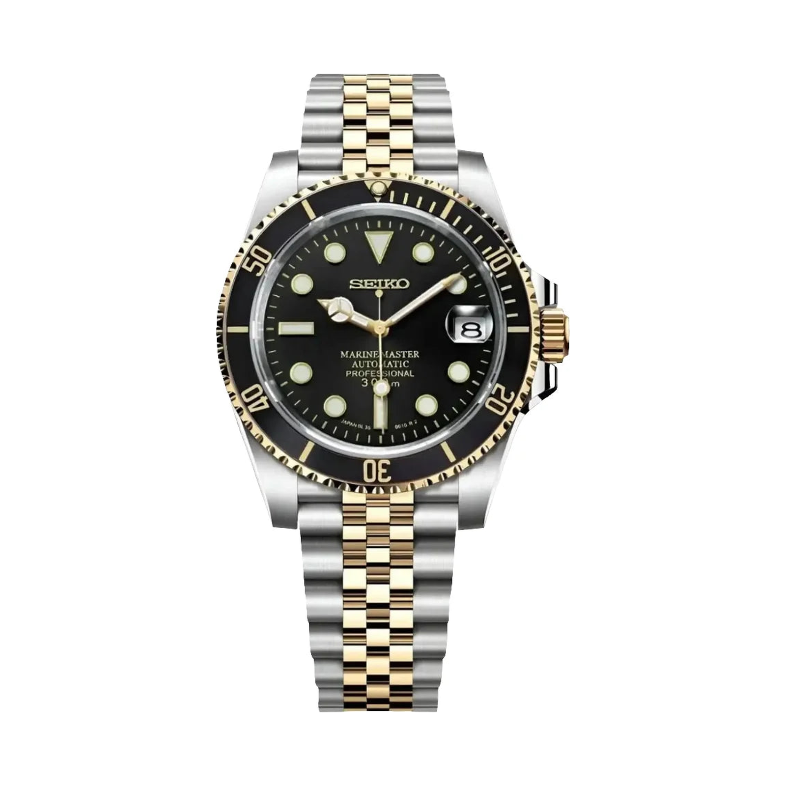 Submariner (Two Tone Black) Seiko NH35 automatic mod watch. A black dial watch with a rotating dive bezel and a jubilee bracelet, shown in a full product shot.