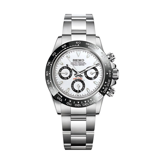 Daytona (White) Seiko VK63 meca-quartz chronograph mod watch. A white dial watch with a tachymeter bezel and a steel bracelet, shown in a full product shot.