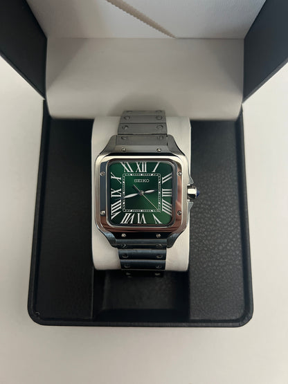 Santos (Emerald Green) Seiko NH35 automatic mod watch. A full watch shot inside a box showing a green dial and silver bezel with a metal bracelet.